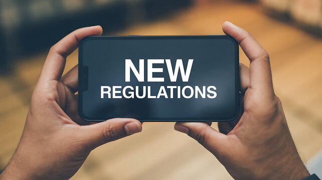 Hands holding smartphone displaying new regulations text on screen in office or business environment close-up