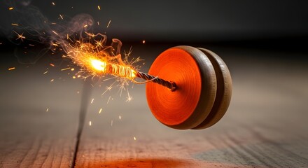 Fototapeta premium A rustic wooden yo-yo transformed into a volatile fuse showers bright sparks, creating a powerful metaphor for the hidden dangers and explosive risks lurking within innocent childhood play