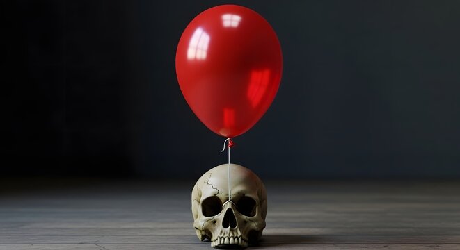 A vibrant red balloon tethered to a weathered human skull represents the fragile intersection of life's fleeting joy and the inescapable weight of mortality