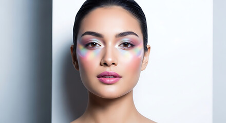 a woman with vibrant iridescent and pastel makeup on her face posing in a beauty studio for cosmetic advertising.