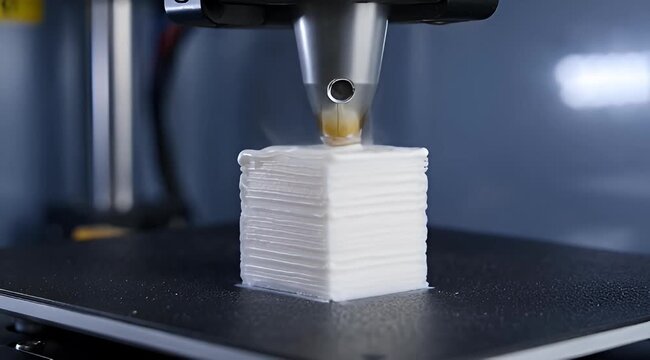 A close up look at a 3D printer creating a white cube