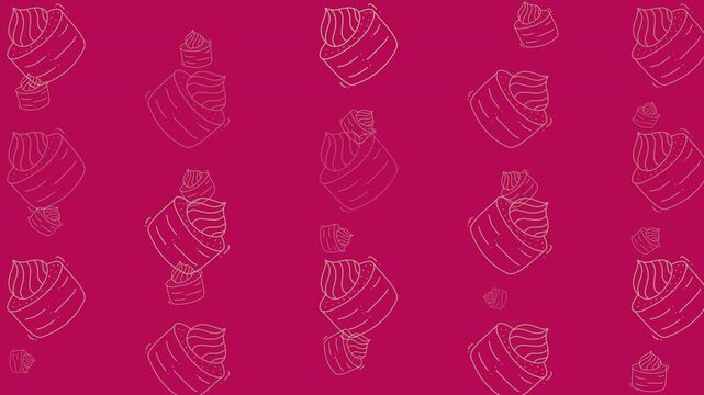 Food doodle outlined cupcake desserts create a fun pattern on fuchsia backgrounds. Great for food blogs, party invitations, and kitchen decor.