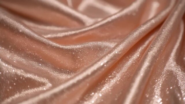 Luxurious fabric flowing in soft folds with shiny texture and sparkling details, captured from a close-up viewpoint