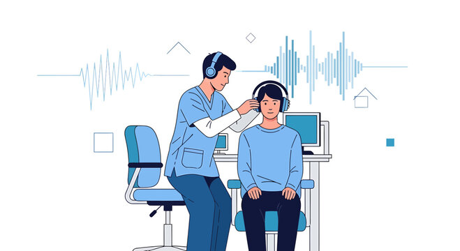 Audiologist performing hearing test on patient with headphones, sound waves graphic