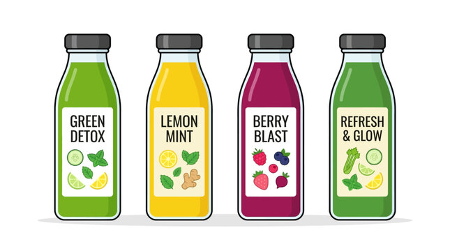 Flat vector illustration of colorful detox juice bottles with labels showing lemon, mint, cucumber, and berries