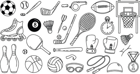 A collection of diverse sports equipment items including balls rackets and fitness gear depicted in a clean outline hand drawn vector illustration doodle art © Kanon Islam