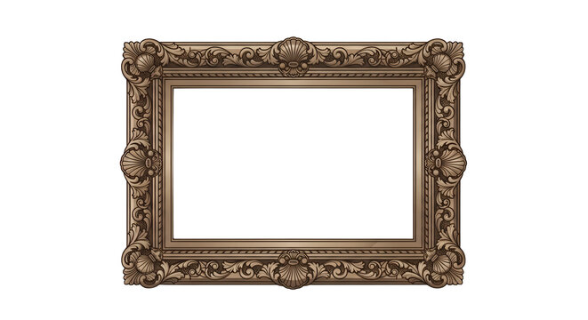 Ornate vintage picture frame with decorative carvings and shells, isolated on white background
