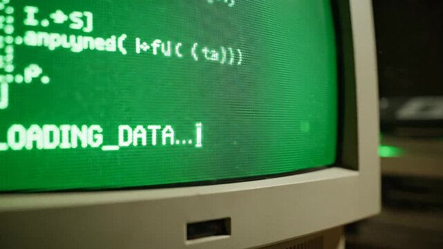 Close view of a vintage computer monitor showing loading data text and programming code, set in a dim workspace with green glow, conveying retro tech focus
