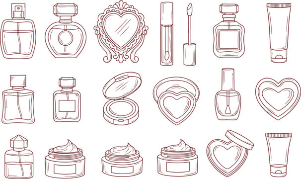 Cosmetic beauty products set with perfume bottles cream jars heart shaped mirrors and makeup essentials in a hand drawn vector illustration doodle art