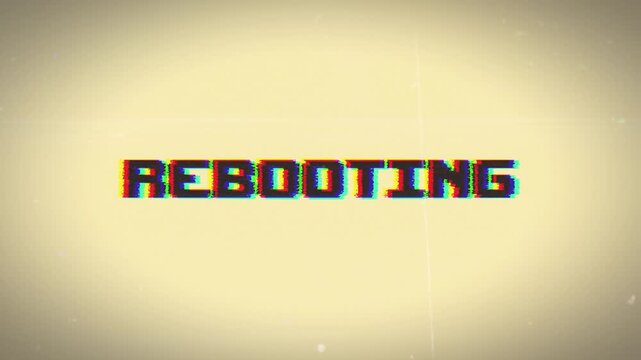 REBOOTING text animation featuring a retro pixel art style and vintage glitch effect. Ideal for tech, gaming, and error themes.