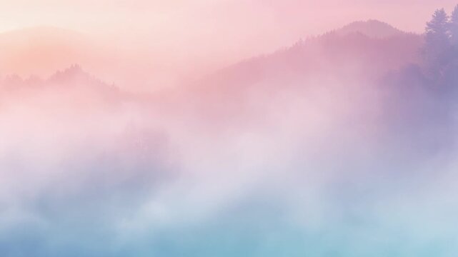 A serene mountain landscape shrouded in mist at sunrise viewed from a distance