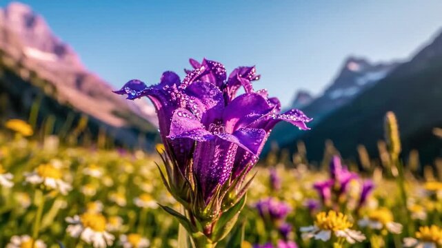 Vibrant purple wildflower in sharp focus within an alpine meadow, sunlit mountains and blue sky softly blurred behind, fresh and uplifting outdoor mood