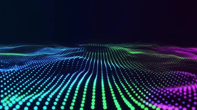 Vibrant neon dots forming a wavy pattern on a dark background, viewed from above, showcasing technology and futuristic design elements