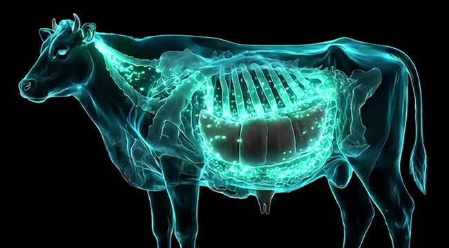 3D X-Ray Animation of Nutrient Flow Through Cow Digestive System with Cyan Glowing Particles