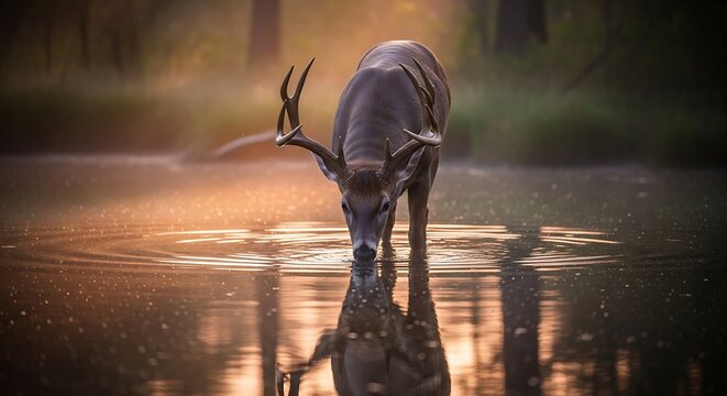 A deer bends down to drink from a serene lake at sunset in a forest.