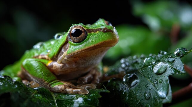 A vibrant green tree frog sitting on a wet leaf,