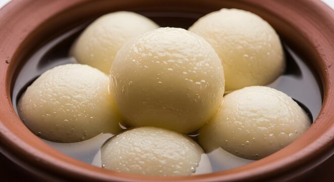 Bengali rasgulla sweet balls served in traditional clay pot with delicious sugary syrup dip