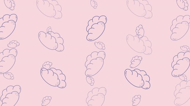 Food doodle handdrawn pattern of pierogi on pink. Playful design suitable for packaging, kitchen decor, and foodrelated projects.