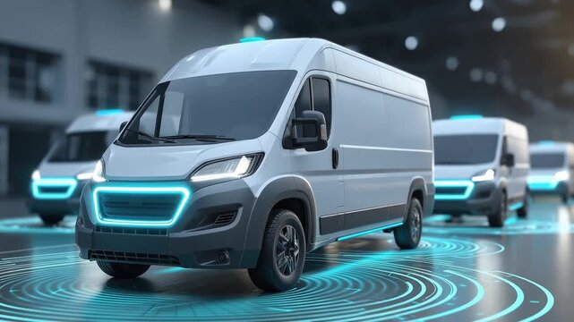 Modern delivery vans in futuristic digital environment