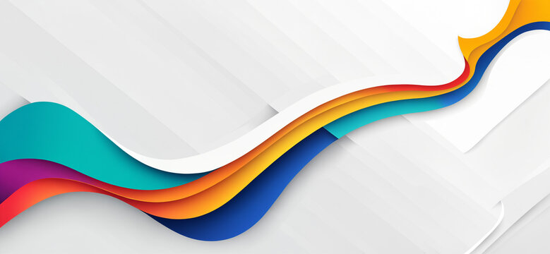 flowing wavy color bands in teal purple red orange yellow and blue overlapping on a bright white surface with soft diagonal shadows in a dynamic fluid arrangement