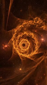 Explore a swirling orange pattern in space with bright lights and dark background during a cosmic event at night