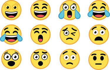 Fototapeta premium Emoji faces set with happy laughing crying surprised wink and sad expressions colorful emoticon collection vector illustration