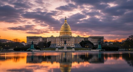 Obraz premium Sunset over a majestic government building with a large body of water in the foreground