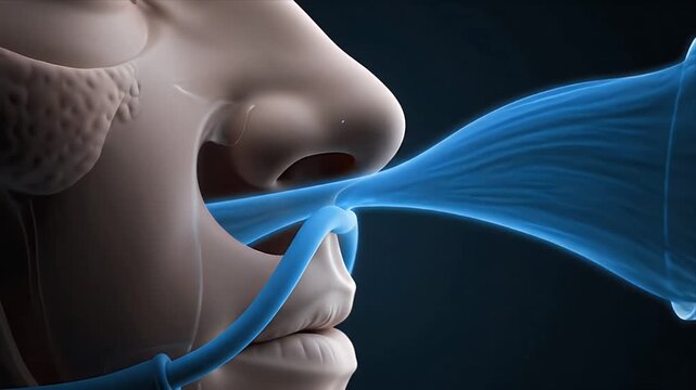Close Up View Of Human Nasal Cavity With Blue Air Flow Illustrating Respiration Process And Respiratory System Functionality
