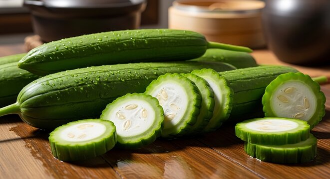 Fresh green vegetables luffa gourds slices and culinary composition