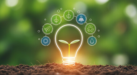 Green Energy Light Bulb with Sprout and Eco Icons on Nature Background.
