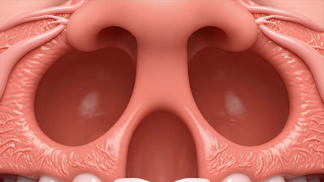Detailed 3D anatomical illustration of the human nasal cavity showing internal structures bones cartilage mucus membranes and blood vessels for medical educational and scientific purposes