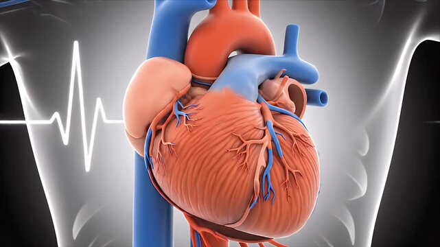Detailed 3D anatomical model of the human heart showing arteries and veins with a subtle electrocardiogram waveform overlay on a gray gradient background for medical education and awareness campaigns