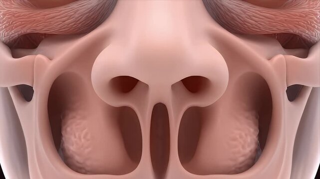 Detailed 3D Animation Illustrating Human Nasal Cavity Anatomy With Clear Views of Turbinates and Sinus Passages Against a Clean White Background