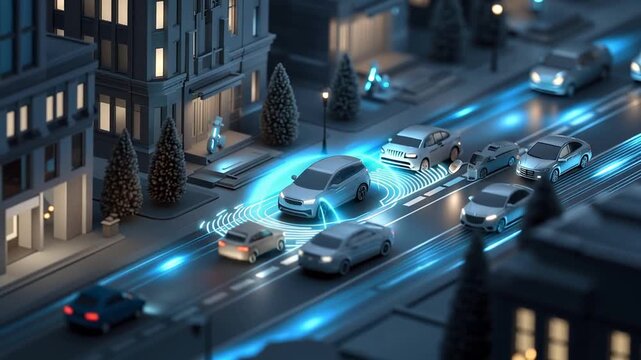 Autonomous vehicles navigate city streets night scene futuristic render
