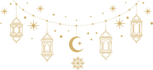 Decorative gold Ramadan and Eid Kareem greeting vector set featuring hanging lanterns, crescent moon, stars, and festive ornaments for Islamic holiday celebration and cultural invitation designs. © MDJAKIRUL