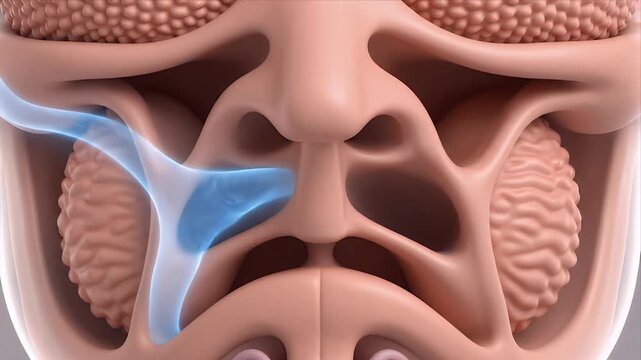 Detailed 3D illustration of human paranasal sinuses showing airflow and nasal passages in neutral skin tone with soft blue highlighting medical accuracy and anatomical structure for educational and