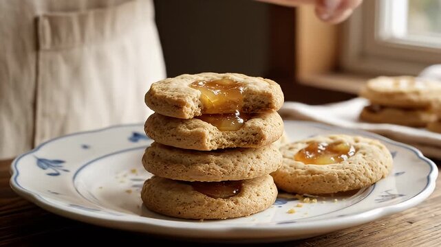 Hand taking a delicious cookie from a stack on a plate.
