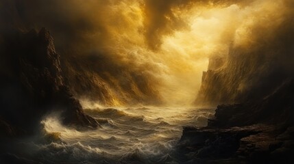 Obraz premium Stormy golden seascape between dramatic cliffs