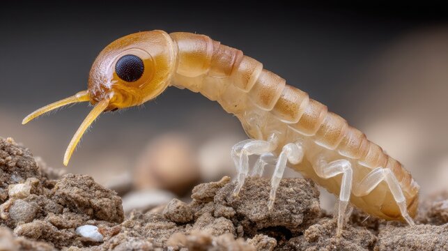 Close-up macro view of a translucent flea larva with segmented legs moving over soil and dirt
