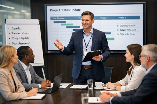 Business manager presenting project status update to team in corporate meeting