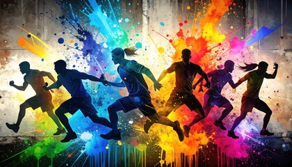 Obraz premium Silhouetted runners bursting from colorful paint splatters, dynamic art
