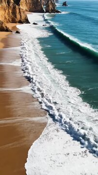 Waves crash on the shore at Lagos beach in Portugal during sunny weather