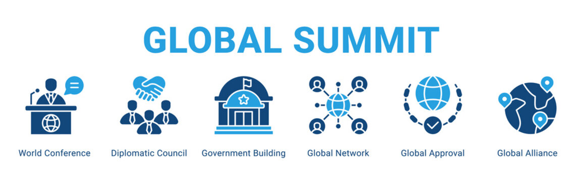 Global Summit web banner icon concept,  with World Conference, Diplomatic Council, Government Building, Global Network, Global Approval, Global.