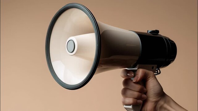 Hand holding a megaphone on a neutral beige background  