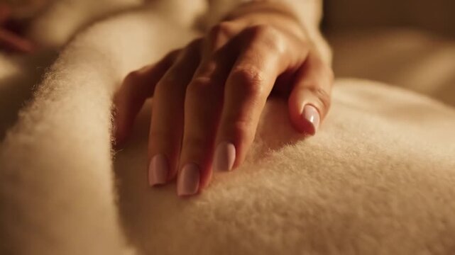 Woman's hand with pink nails on soft fuzzy blanket texture