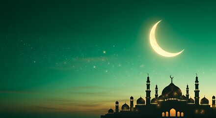 Obraz premium Ramadan Kareem Mosque Silhouette with Crescent Moon and Stars on Teal Sky