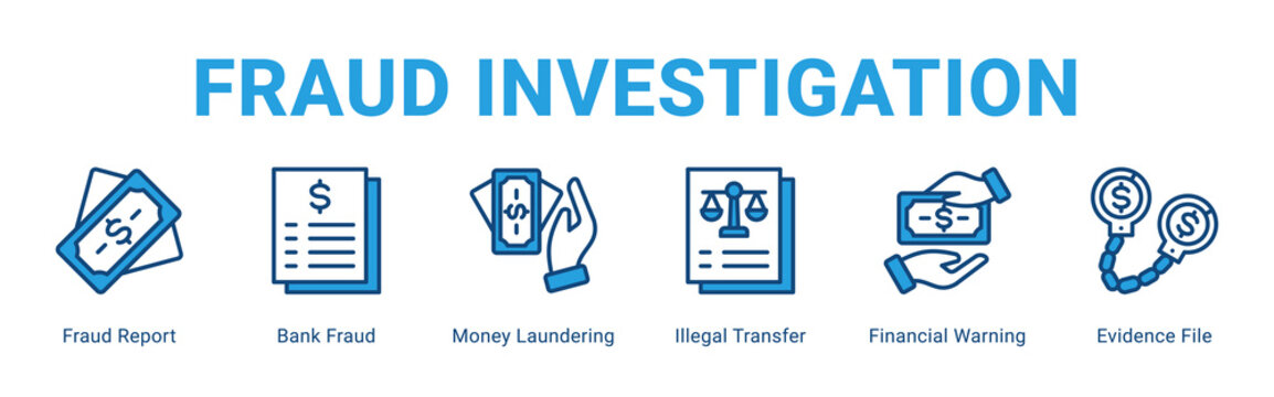 Fraud Investigation web banner icon concept,  with Fraud Report, Bank Fraud, Money Laundering, Illegal Transfer, Financial Warning, Evidence File.