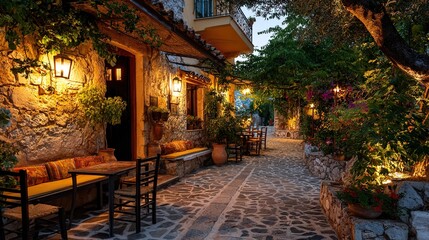 Fototapeta premium taverna. Warm twilight at a taverna entrance with golden light on a stone path. tourism brochures, itinerary planners, designed for hospitality marketing for hotel rooms and spa retreats.