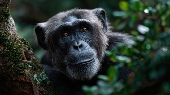 A chimpanzee sitting on a tree branch in a dense jungle