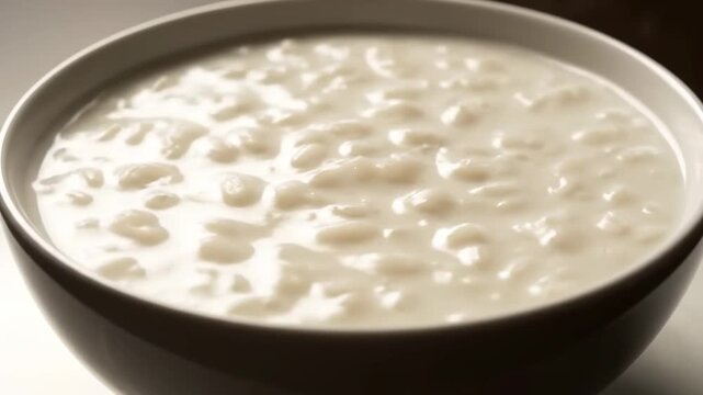 Creamy and sweet rice pudding served in a bowl, close-up view of a traditional homemade dessert or breakfast dish